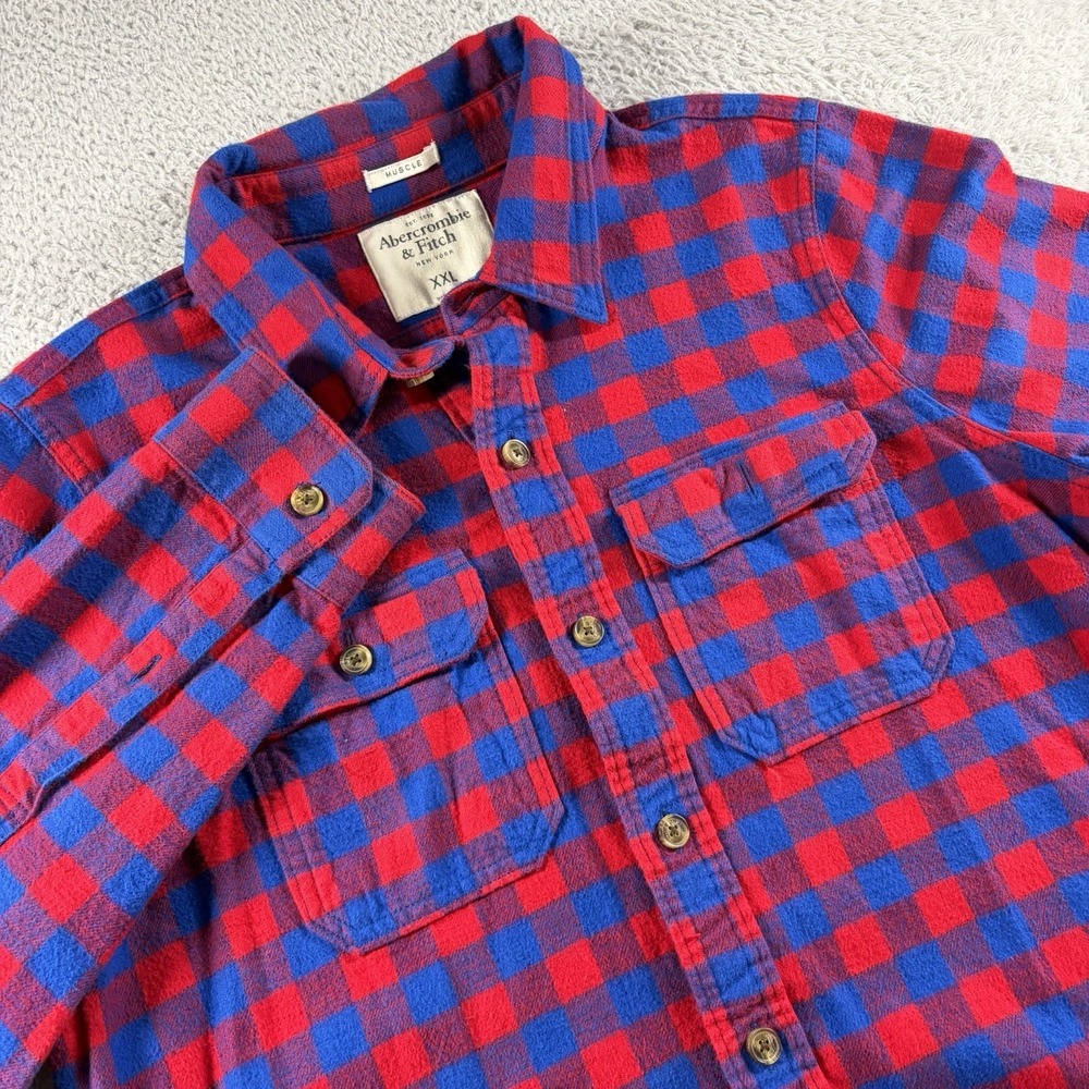 Abercrombie & Fitch Flannel Shirt Mens Large Blue Red Plaid Heavyweight Muscle - Picture 1 of 7